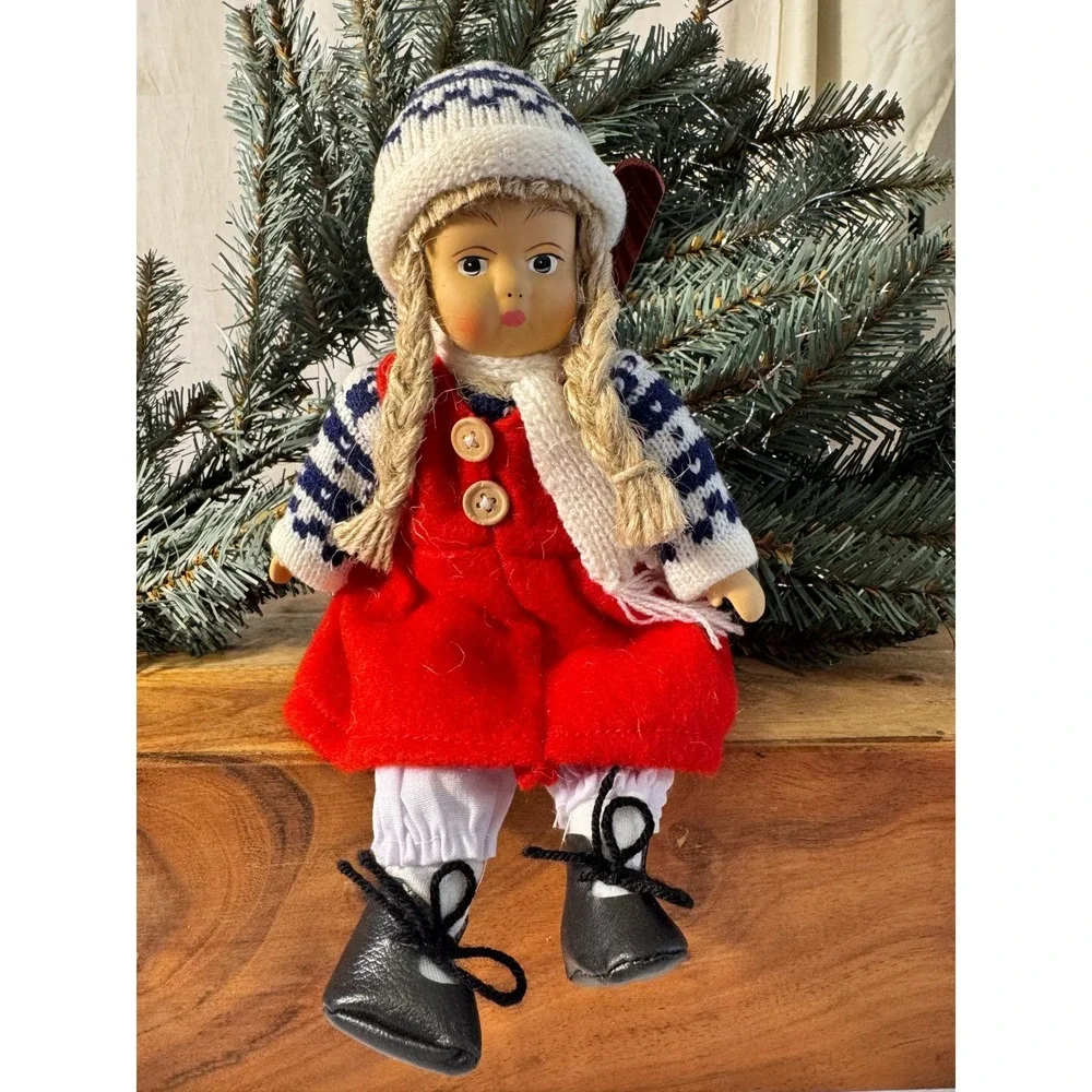 Vtg Bisque Scandinavian Girl Doll Norway Christmas Red Dress Knit Cap Wood Skiis